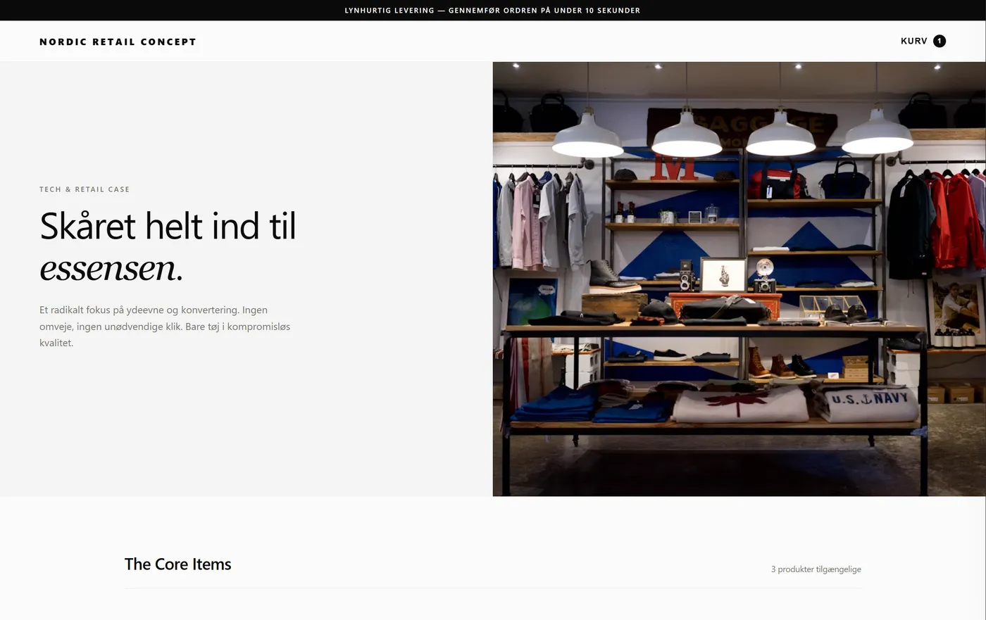 Nordic Retail Concept webshop med minimalistisk design og lynhurtig checkout